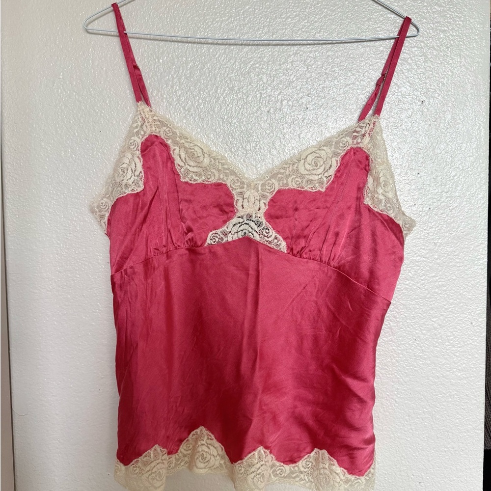 Vintage Pink Silk Camisole with Cream Lace